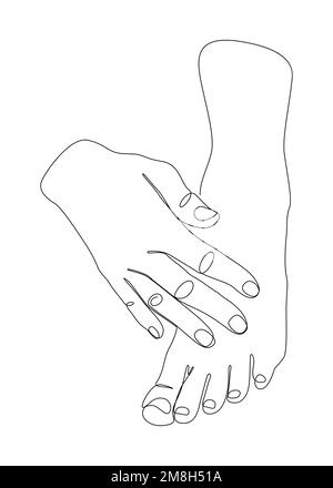 Cura dei piedi, per applicare crema ai piedi con le mani. Un concetto di vettore di illustrazione a linea sottile continua. Disegno di contorno idee creative. Illustrazione Vettoriale