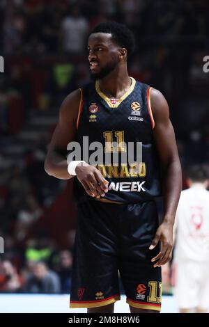 Belgrado, Serbia, 12 gennaio 2023. Alpha Diallo di AS Monaco reagisce durante la partita Eurolega di Turkish Airlines del 2022/2023 tra Crvena Zvezda MTS Belgrado e MONACO alla Aleksandar Nikolic Hall di Belgrado, in Serbia. Gennaio 12, 2023. Credito: Nikola Krstic/Alamy Foto Stock