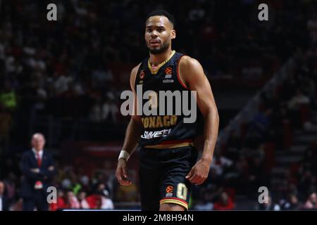 Belgrado, Serbia, 12 gennaio 2023. Elie Okobo di AS Monaco reagisce durante la partita Eurolega della Turkish Airlines del 2022/2023 tra Crvena Zvezda MTS Belgrado e MONACO alla Aleksandar Nikolic Hall di Belgrado, in Serbia. Gennaio 12, 2023. Credito: Nikola Krstic/Alamy Foto Stock