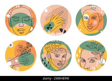 Piante con foglie e testa di donna con acconciatura. Facce femminili con piante organiche. Ritratto di ragazza a linea singola Illustrazione Vettoriale