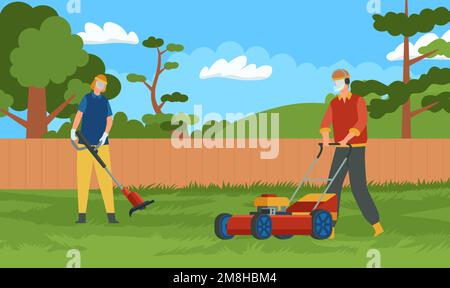 Falciatura professionale del prato e manutenzione di cura. Handymen con attrezzatura di protezione che taglia l'erba sul cortile Illustrazione Vettoriale
