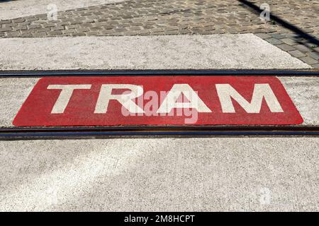 Segnale di avvertimento per pedoni che attraversano una strada con binari ferroviari per una rete di tram della città. Nessuna gente. Foto Stock