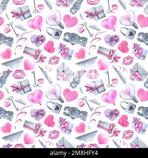 Regali, scatole, arco, orsi giocattolo, nuvole, baci, cuori su sfondo bianco. Illustrazione acquerello. Motivo perfetto per SAN VALENTINO Foto Stock