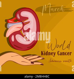 Poster o banner della Giornata Mondiale del Rene. Cura dei reni e concetto di consapevolezza del cancro. Disegno vettoriale urologico e nefrologico. Logo del rene. Donatore d'organo, rene do Illustrazione Vettoriale