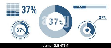 set di icone per il caricamento dei dati al 37%. Diagramma a ventisette cerchi, grafico a ciambelle a torta, barra di avanzamento. infografica percentuale del 37%. Raccolta di concetti vettoriali, b Illustrazione Vettoriale