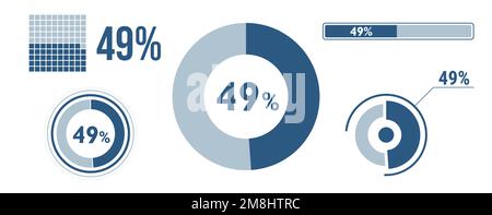 set di icone per il caricamento dei dati al 49%. Diagramma a quarantanove cerchi, grafico a ciambelle a torta, barra di avanzamento. infografica percentuale del 49%. Vector Concept Collection, blu Illustrazione Vettoriale