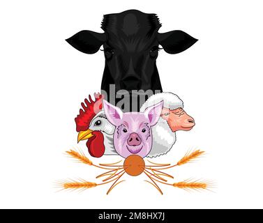 Illustrazione del logo degli animali da allevamento su sfondo bianco Illustrazione Vettoriale