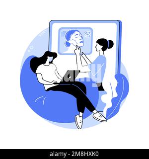 Cura della pelle illustrazioni vettoriali isolate di cartoni animati. Giovane donna in maschera cosmetica guardare tutorial di bellezza, prodotti cosmetici fatti in casa, formazione online Illustrazione Vettoriale