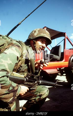 Un radiomano della Marina degli Stati Uniti del 2nd Battaglione 8th Marines controlla con i suoi uomini come si assicurano la collina a McCalla sulla base navale. I Marines sono attualmente stazionati a bordo della USS NASSAU come parte dell'operazione. Soggetto operativo/Serie: SOSTENERE LA DEMOCRAZIA base: Base navale, Guantánamo Bay Paese: Cuba (CUB) Foto Stock