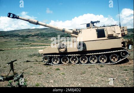 Un dispositivo di howitzer semovente da M109, 155 mm di batteria C, 1st battaglione, 41st Field Artillery, Fort Stewart, Georgia, Si trova sulla gamma n. 6. L'unità ha partecipato ad una sessione di formazione congiunta con la Marine Corps' Charlie Company, 1/11th Artillery, Camp Pendleton, California, e la loro M198, dispositivo di guida trainato da 155 mm. Entrambe le unità si trovano in Somalia per sostenere l'UNOSOM II Soggetto operativo/Serie: UNOSOM II base: Mogadiscio Paese: Somalia (SOM) Foto Stock