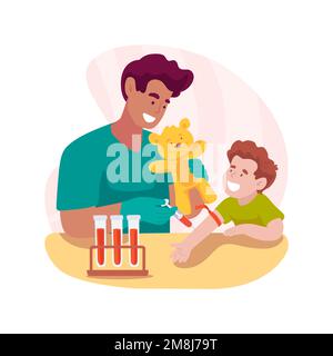 Analisi del sangue illustrazione di un vettore cartoon isolato. Ottenere un test, infermiera che prende il sangue dal braccio dei bambini, bambino che piange in ufficio medici, assistenza sanitaria di famiglia, Illustrazione Vettoriale