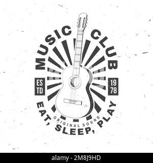 Logo, badge, etichetta del club musicale. Poster retrò, banner con chitarra acustica classica con disegno tipografico vintage sunburst per t-shirt, emblema, logo Illustrazione Vettoriale