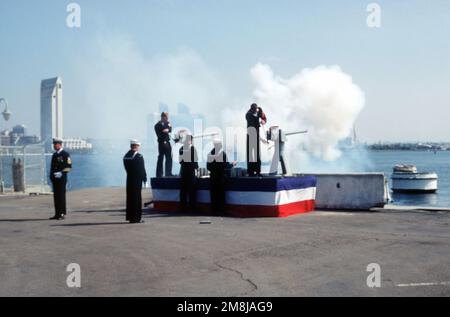 I compagni DELLA NAVAL Air Station North Island rendono omaggio a un ospite onorato di 19 cannoni durante la cerimonia di messa in servizio della nave di supporto ai combattimenti veloci USS SUPPLY (AOE-6). Base: San Diego Stato: California (CA) Paese: Stati Uniti d'America (USA) Foto Stock