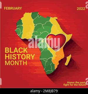 Modello poster per i social media che illustra il mese della storia nera in colori panafricani mappa africana sullo sfondo con un cuore Illustrazione Vettoriale