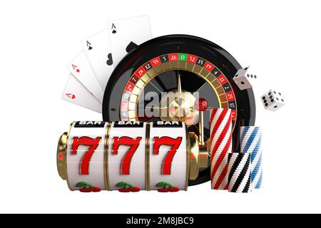 Settore dell'intrattenimento. Ruota della roulette nera, bobine della macchina di scanalatura, dadi e circuiti integrati del casino. 3D elementi dei giochi del casinò Foto Stock