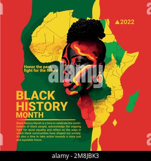 Modello poster per i social media che illustra il mese della storia nera in pan african Colors 3D modellazione faccia successivamente vettorizzata mappa africana nel backgroun Illustrazione Vettoriale