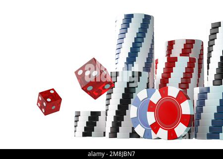 3D dadi e gettoni per giocare al casinò. Chip di gioco 3D rendering illustrazione. Foto Stock