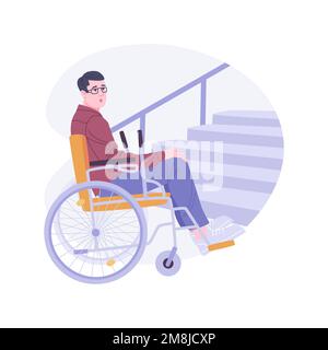 Problemi di accesso illustrazioni vettoriali isolate di cartoni animati. L'uomo disabile lotta per salire le scale, le persone in sedia a rotelle, problemi di rampa, ci accessibile Illustrazione Vettoriale