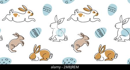 Coniglietti cute modello vettoriale di Pasqua con uova. Un modello di disegno a linea continua. Carino coniglietti sfondo, texture, stampa Illustrazione Vettoriale