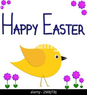 Buon biglietto di auguri di Pasqua con pulcino e fiori Illustrazione Vettoriale