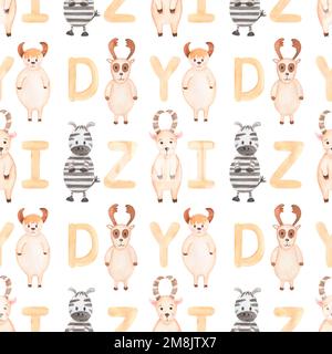 Baby Deer pattern, Watercolor Kids beige foresta animali carta, carezza zebra, motivo senza cuciture bue, carta ripetizione animali boschivi, Safari Animal Print, chi Foto Stock
