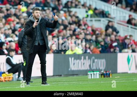 Michael Carrick, manager di Middlesbrough, ha impresso istruzioni dal touch line durante la partita del campionato Sky Bet tra Middlesbrough e Millwall al Riverside Stadium di Middlesbrough sabato 14th gennaio 2023. (Credit: Trevor Wilkinson | NOTIZIE MI) Credit: NOTIZIE MI e sport /Alamy Live News Foto Stock