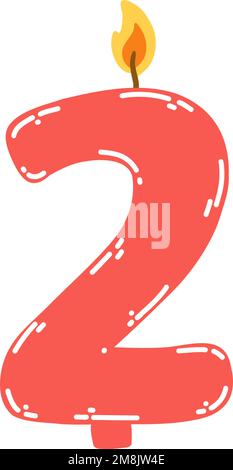 Candela numero due in stile piatto. Illustrazione vettoriale disegnata a mano di 2 candela bruciante simbolo, elemento di design per torte di compleanno Illustrazione Vettoriale