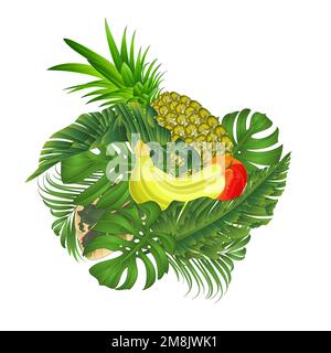 Banana di frutta tropicale e ananas con foglie tropicali di ficus banana, palma, filodendro su sfondo bianco vettore illustrazione modificabile mano dra Illustrazione Vettoriale