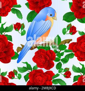 Texture senza cuciture piccolo songbirdon Bluebird thrush e rosa rosso primavera sfondo vintage vettore illustrazione modificabile disegno a mano Illustrazione Vettoriale