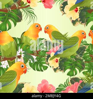 Texture senza cuciture Parrots Agapornis lovebird uccelli tropicali in piedi su un ramo e Brugmansia con riflessi vettoriali vintage hibiscus rosa e giallo Illustrazione Vettoriale
