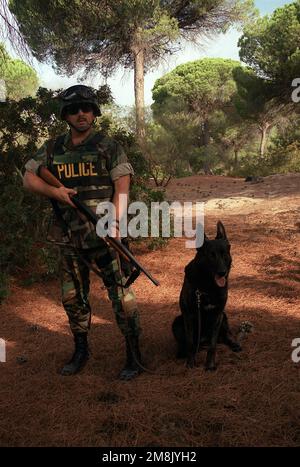 La squadra militare di cane da lavoro del Dipartimento di sicurezza della Rota (MWD) del MAESTRO di Arms First Class (MA1) William D. Wooley e MWD Bobo sono mostrati stabilendo un posto di ascolto perimetrale interno durante un esercizio terroristico ad alta minaccia eseguito per garantire che i MWD siano adeguatamente addestrati per l'utilizzo durante situazioni ad alta minaccia. MA1 Wooley è armato di un fucile da caccia 12 gauge e indossa un gilet a prova di proiettile. Base: Stazione Navale, Rota Paese: Spagna (ESP) Foto Stock