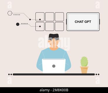 chat GPT uomo uso computer portatile digitale. Ragazzi persone ricerca chat GPT ai, openAI, bot intelligente, posto di lavoro, tecnologia di background. illustrazione vettoriale Illustrazione Vettoriale