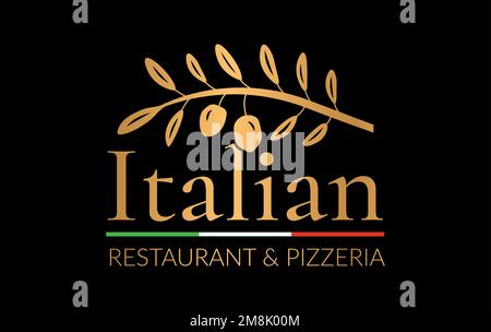 Elegante ristorante italiano con logo Pizzeria e olive dorate Illustrazione Vettoriale