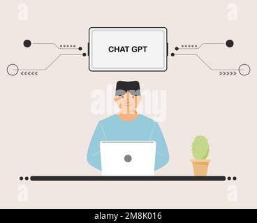 chat GPT uomo uso computer portatile digitale. Ragazzi persone ricerca chat GPT ai, openAI, bot intelligente, posto di lavoro, tecnologia di background. illustrazione vettoriale Illustrazione Vettoriale