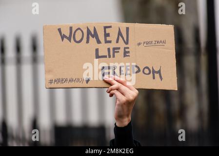 Londra, Regno Unito. 14 gennaio 2023. Protestare in solidarietà con il movimento “Donna, vita, libertà” in Iran. Credit: Andrea Domeniconi/Alamy Live News Foto Stock