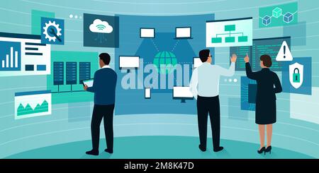 In un ambiente di realtà virtuale, gli ingegneri interagiscono con gli schermi e le interfacce utente: Il concetto di innovazione IT Illustrazione Vettoriale