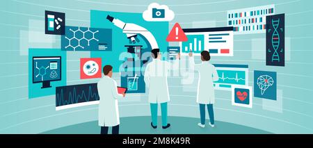 I ricercatori scientifici che lavorano in un laboratorio di realtà virtuale interagiscono con schermi e interfacce virtuali Illustrazione Vettoriale