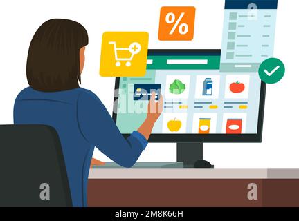 Donna che si connette con il suo computer e fare shopping online, sta pagando con una carta di credito Illustrazione Vettoriale
