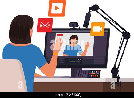 youtuber professionale e influencer in streaming live sui social media, sta sventolando alla telecamera Illustrazione Vettoriale