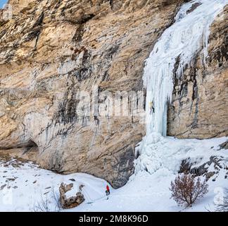 Elia Weber sale il Boy Scout Ice Climb valutato WI 4-5 nelle Ruby Mountains Foto Stock