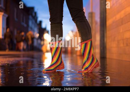 Bewdley, Regno Unito. 14th gennaio 2023. Con l'acqua del fiume Severn gonfio che scorre a livelli pericolosamente-alti sull'altro lato delle barriere, la gente di Bewdley sono incredibilmente grati che le difese di protezione dalle inondazioni consentono loro l'opportunità di continuare la loro vita come normale, la sicurezza al loro fianco.. anche il tempo di godere di un tuffo nel tuo wellies! Credit: Lee Hudson/Alamy Live News Foto Stock