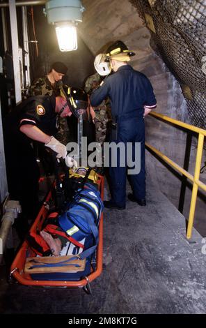 All'ingresso della Cheyenne Mountain Air Station, lo scenario dell'ORI era: "Operaio con caviglia rotta sul tetto della baia meccanica del climatizzatore". Rispondendo alla chiamata radiofonica, il reparto antincendio, dopo aver individuato la vittima, ha messo una scheggia sulle gambe, lo ha collocato su una lettiera di stokes, ha tritato un paranco ed ha effettuato un salvataggio verticale abbassandolo dal tetto per il trasporto all'ospedale. Hanno partecipato all'ispezione di preparazione operativa dell'Ala spaziale 21st, condotta presso la stazione aerea di Cheyenne Mountain e la Peterson AFB, Colom., dal 13 al 17 febbraio 1996. La squadra dell'ispettore generale te Foto Stock