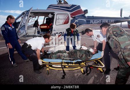 Il personale medico civile locale di emergenza e l'equipaggio dell'elicottero "Flight for Life" si preparano a far volare una delle vittime simulate di ustioni in un ospedale locale. Questo "incidente grave" che ha coinvolto un pick-up e un aratro da neve ed è stato organizzato presso il Civil Engineering Compound. I vigili del fuoco, il personale medico e la polizia di sicurezza hanno risposto all'allarme. Il personale medico ha trattato i feriti mentre il personale antincendio ha messo fuori gli incendi. Hanno partecipato all'ispezione di preparazione operativa dell'Ala spaziale 21st, condotta presso la stazione aerea di Cheyenne Mountain e la Peterson AFB, Colom., dal 13 al 17 febbraio 1996. T Foto Stock