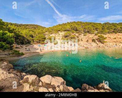Vista aerea del drone di Cala Saladeta, isole di Ibiza, Spagna Foto Stock