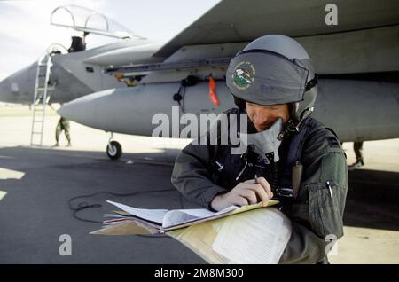 Captain Pat Ryan, un pilota F-15 Eagle del 159th Fighter Group di New Orleans, LOUISIANA, compila i moduli degli aerei dopo il ritorno da una missione a sostegno di Roving Sands '96, il più grande esercizio annuale di addestramento congiunto per la difesa aerea dell'esercito statunitense. Soggetto operativo/Serie: ROVING SANDS '96 base: Cannon Air Force base Stato: New Mexico (NM) Paese: Stati Uniti d'America (USA) Foto Stock