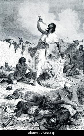 La didascalia del 1906 recita: “MORTE DEL RE TEODORO DI ABISSINIA.—questo illustra una delle spedizioni punitive più note con cui la Gran Bretagna ha vendicato ingiustizia o lesioni fatte ai più scarsi sudditi, anche nelle zone più lontane del globo. Il re di Abissinia in Africa, dopo aver ucciso due inglesi e rifiutato la riparazione, un esercito fu inviato contro di lui sotto il generale Napier nel 1867. Gli Abissiniani furono sconfitti solo dopo una disperata resistenza; e come finalmente le truppe inglesi, senza resistenza, si assaltarono sulle mura di pietra della sua capitale, re Teodoro sparò gli him Foto Stock