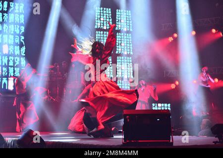 Leon, Messico. 13 gennaio 2023. Attrice e ballerina professionista Hana Koo come Mulan esecuzione di arti marziali a Disney Myst Be our Guest show premiere su Feria de Leon 2023. Credits: Juan Jose Valdez / JVMODEL Credit: JVMODEL/Alamy Live News Foto Stock