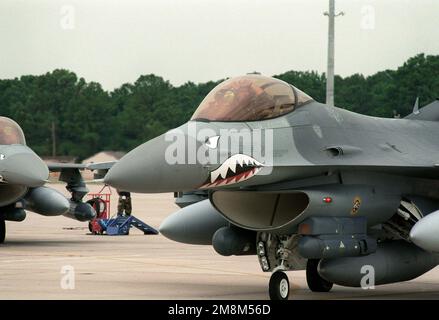 Il tenente colonnello Mike Ely, l'ex comandante del Fighter Squadron del 74th, fa conoscere il segnale in tutto il mondo dai piloti F-16 come 'Makin Snakes' mentre tassizza la sua F-16C, coda n. 90-0776, fuori dal suo parcheggio. Il F-16, ufficialmente noto come Falcon combattente, viene comunemente definito dai piloti e dagli equipaggi di terra "Viper". Questo fu uno degli ultimi tre F-16C 'Fighting Falcon' precedentemente assegnati alla 23rd Wing, per lasciare Papa per il loro nuovo squadrone e stazione a Cannon AFB, N.M. Il 74th rimarrà a Papa e volerà l'A-10 Thunderbolt II nella sua nuova missione. Base: Pope Air Force Bas Foto Stock