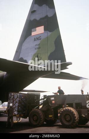 Un carrello elevatore scarica le forniture di rilievo da un C-130 assegnato al 136th Airlift Wing 181st Airlift Squadron, Dallas, Texas Air National Guard. Subject Operation/Series: Restore Hope base: Goma Paese: Zaire (ZAR) Foto Stock