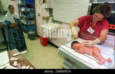 Il primo evacuato curdo a diventare americano a causa della sua nascita sul suolo degli Stati Uniti al Naval Hospital Guam è esaminato dal tenente della Marina statunitense Joyce Siler mentre la nonna del bambino tiene d'occhio la procedura. Il 8 lb. 13 oz. La ragazza è stata chiamata Helan, che significa 'lasciare' in arabo. Helan eviterà l'immigrazione necessaria per gli altri evacuati curdi dell'operazione PACIFIC HAVEN attualmente ospitati presso la base dell'aeronautica militare Andersen, Guam. L’operazione, uno sforzo umanitario congiunto condotto dall’esercito americano, comporta l’evacuazione di circa 2.400 curdi dal nord dell’Iraq per evitare il rischio di REV Foto Stock